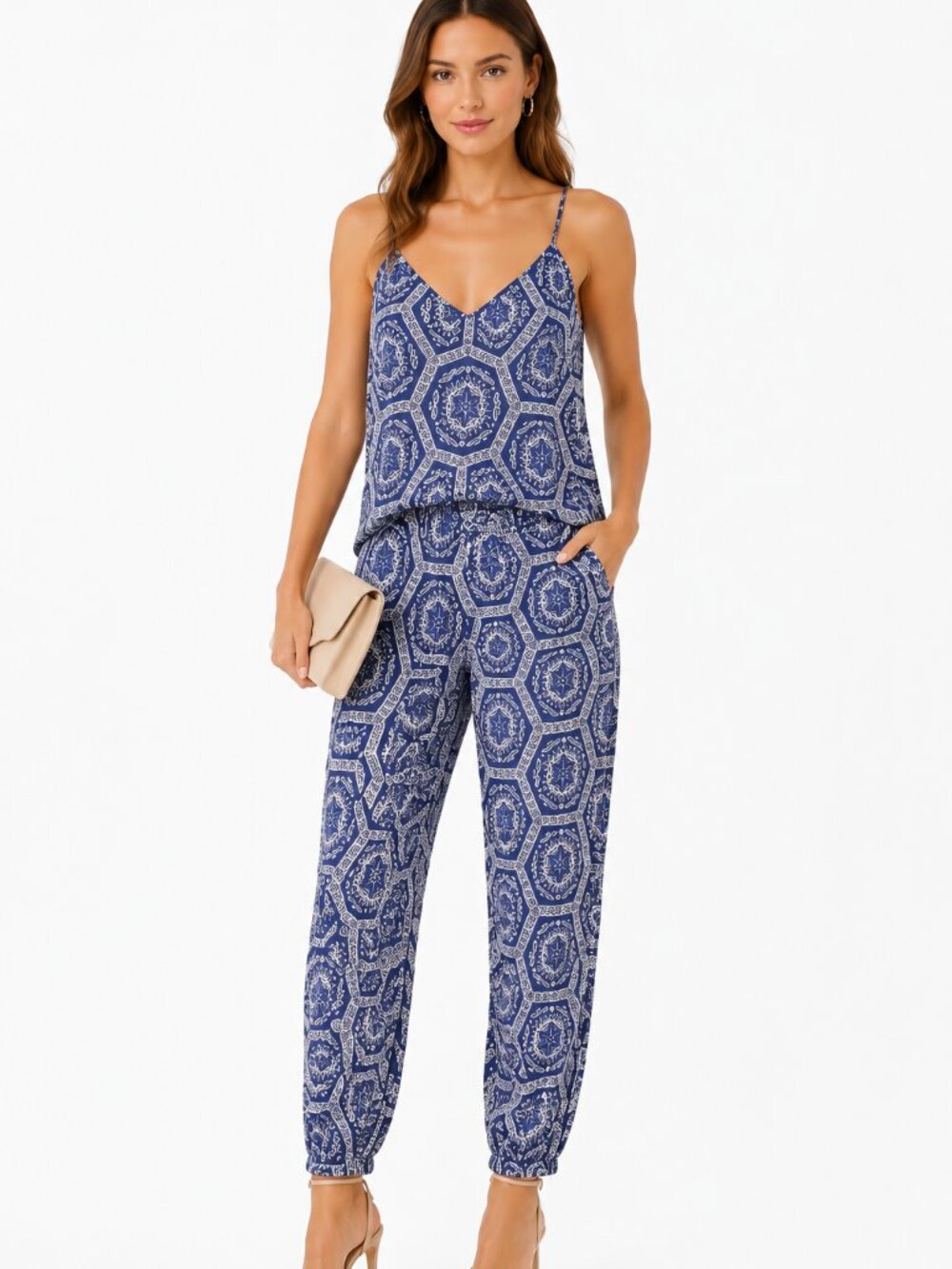 MISA Los Angeles Blue Medallion Cami Jogger Pant Set M